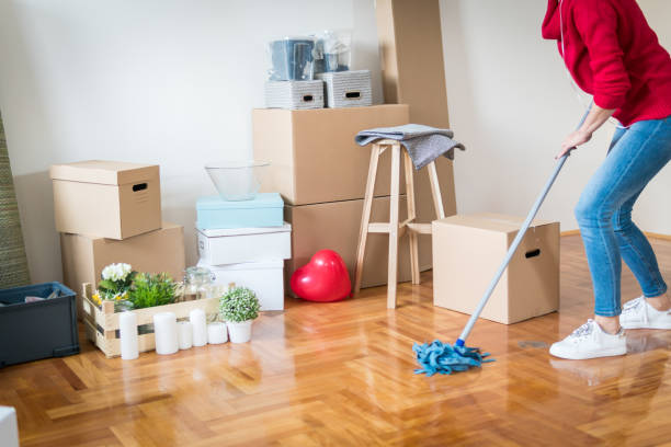 Playful woman relocating in a new home and having fun while cleaning Property Maintenance