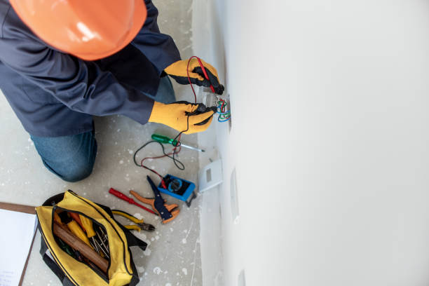 Man testing electricity with multimeter using safety equipment Property Maintenance