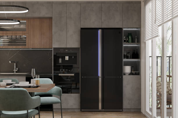 A luxurious open kitchen interior beside the balcony. 3D rendering Property Maintenance